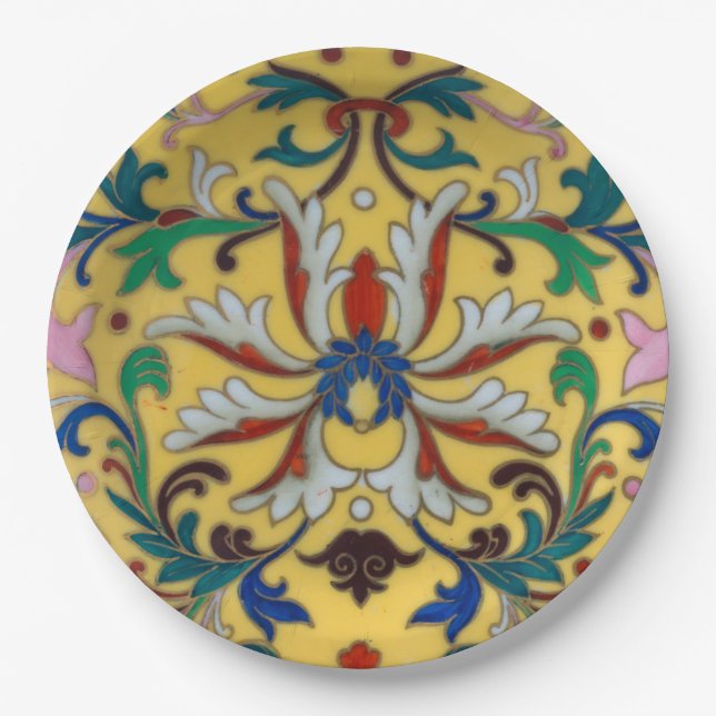 Retro Vintag Gelbe Minton Tile Botanisch Pappteller (Vorderseite)