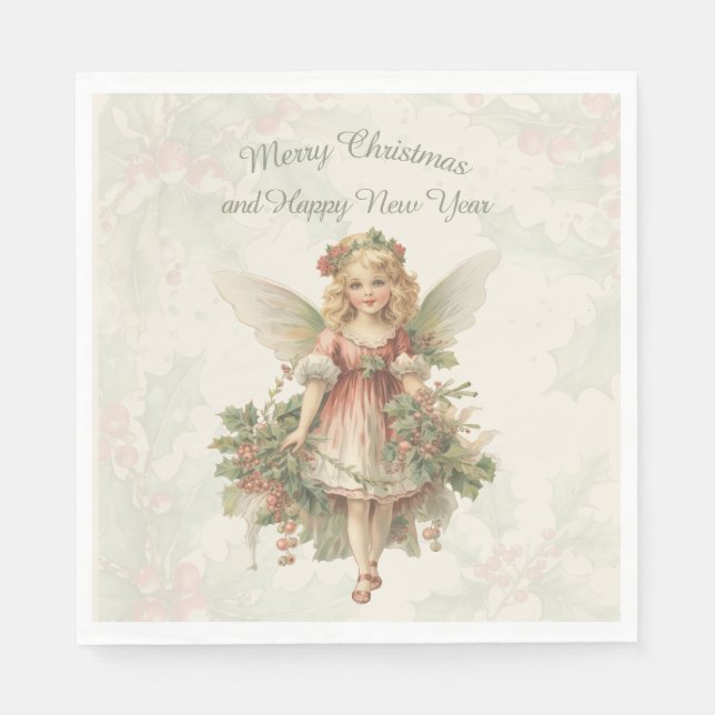 Retro Vintag Girl Angel Christmas Holly Serviette (Vorderseite)