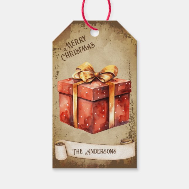 Retro Vintag Golden Bow Red Christmas Geschenkboxe Geschenkanhänger (Vorderseite)