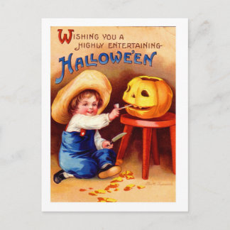 Retro Vintag Halloween Boy Carvier Postkarte