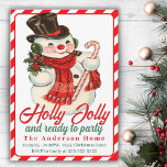 Retro Vintag Holly Jolly Snowman Custom Christmas Einladung<br><div class="desc">Die Weihnachtsweihnachtsweihnachtsfeier der Mitte des Jahrhunderts ist mit einem fröhlichen Schneemann in Oberhut,  Schal und einem Bonbonstock mit den Worten "Holly Jolly und bereit zum Party" mit einem leuchtend rot-weißen Zuckerrohr-Rahmen und Rückenlehne ausgestattet. Passen Sie Ihre persönlichen Party-Daten an.</div>