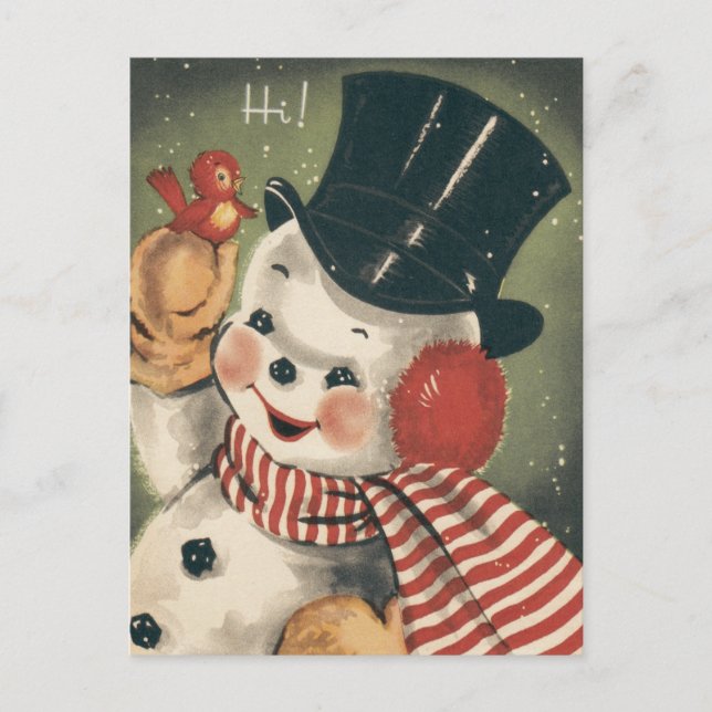Retro Vintag Jolly Snowman Feiertagspostkarte (Vorderseite)