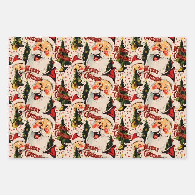 Retro Vintag Laghing Santas Wrapping Paper Geschenkpapier Set (Vorderseite)