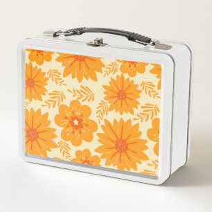 Retro Vintag Mitte Jahrhundert Orange Blume Muster Metall Brotdose