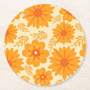 Retro Vintag Orange Botanische Blume Muster Fall Runder Pappuntersetzer