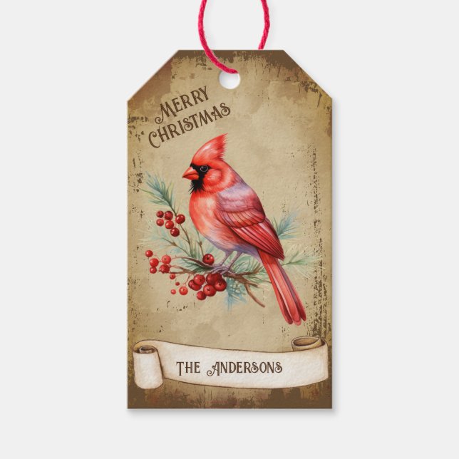 Retro Vintag Red Kardinal Bird Frohe Weihnachten Geschenkanhänger (Vorderseite)