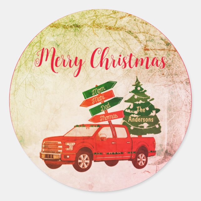 Retro Vintag Red Truck Bauernhof Frohe Weihnachten Runder Aufkleber (Vorderseite)