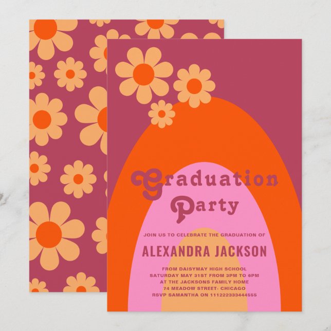 Retro Vintag rosa Orange Graduate Party Einladung (Vorne/Hinten)