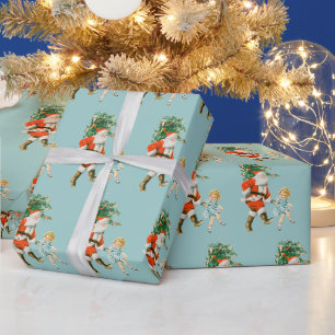 Retro Vintag Santa & Girl Weihnachten Geschenkpapier