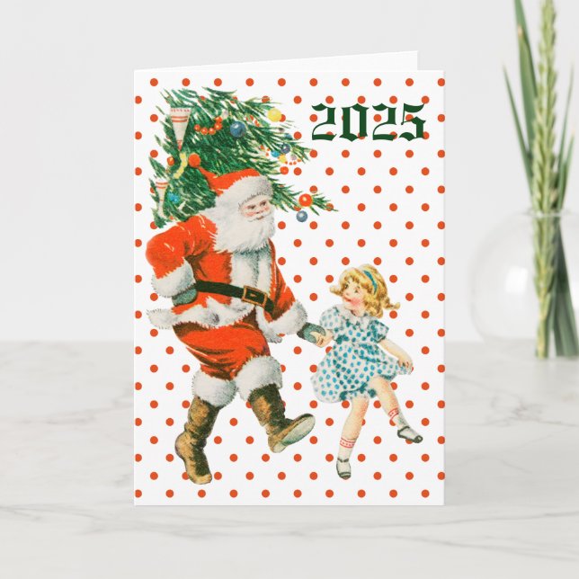 Retro Vintag Santa & Girl Weihnachten Karte (Vorderseite)