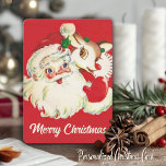 Retro Vintag Santa mit Rudolf Custom Christmas Feiertagskarte<br><div class="desc">Schicken Sie dieses Jahr Ihre Weihnachtswünsche mit dieser bezaubernden Vintagen Urlaubskarte,  die den Weihnachtsmann und Rudolf mit den Rentieren mit roten Nasen auszeichnet. Personalisieren Sie diese,  indem Sie die Nachricht auf der Rückseite anpassen und/oder Ihren Namen hinzufügen.</div>