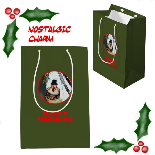 Retro Vintag Snowman Weihnachtsschmuck Grün Mittlere Geschenktüte (Von Creator hochgeladen)