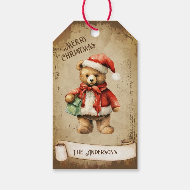 Retro Vintag Teddy Bear Custom Frohe Weihnachten Geschenkanhänger (Vorderseite)