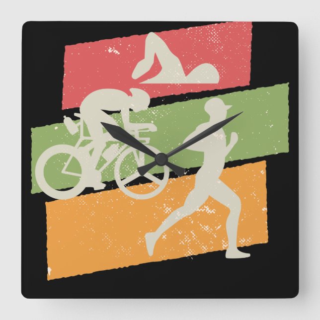 Retro Vintag Triathlon Quadratische Wanduhr (Vorderseite)