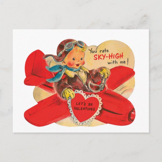 Retro Vintag Valentine Junge Flugzeug Postkarte (Vorderseite)