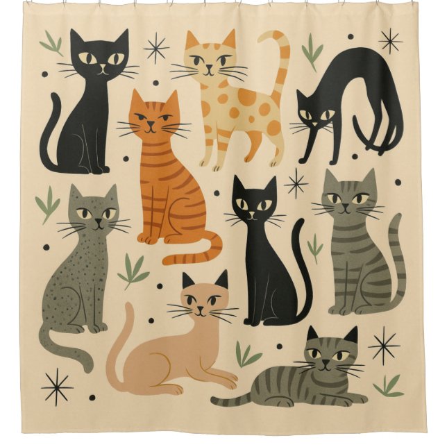 Retro Vintage 1950s Cat Pattern Duschvorhang (Vorderseite)