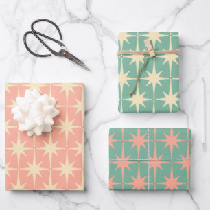 Retro Vintage 50er Atomic Star Patterns Minze Pink Geschenkpapier Set