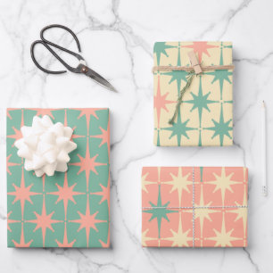 Retro Vintage 50er-Star-Muster in Aquamarinem Mint Geschenkpapier Set