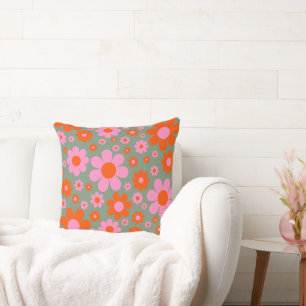Retro Vintage 70er Jahre Blumenmuster Orange Pink  Kissen