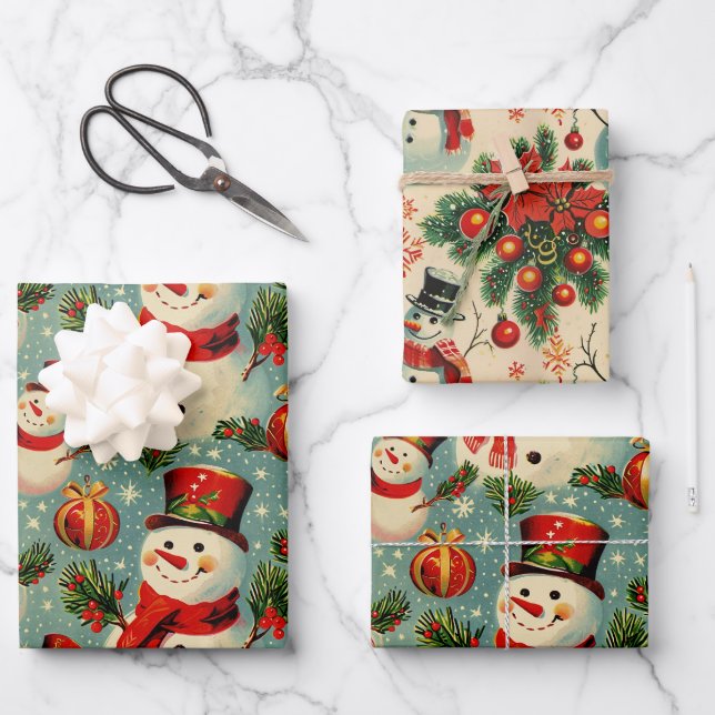 Retro Vintage Christmas: Frostige Schneemänner Geschenkpapier Set (Vorderseite)