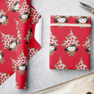 Retro Vintage Christmas Girl mit Baumhut Geschenkpapier