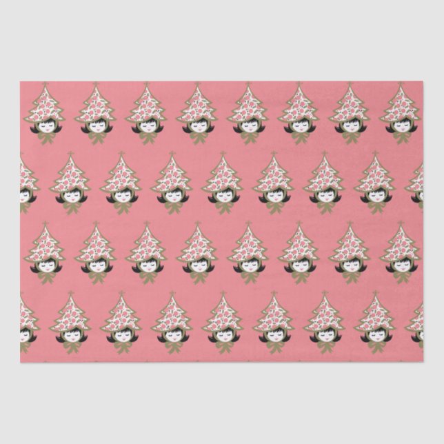 Retro Vintage Christmas Girl mit Baumhut Seidenpapier (Vorderseite)