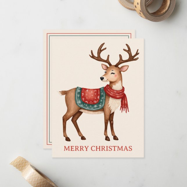 Retro Vintage Christmas Reindeer Personalisiert Mitteilungskarte (Vorderseite/Rückseite Beispiel)