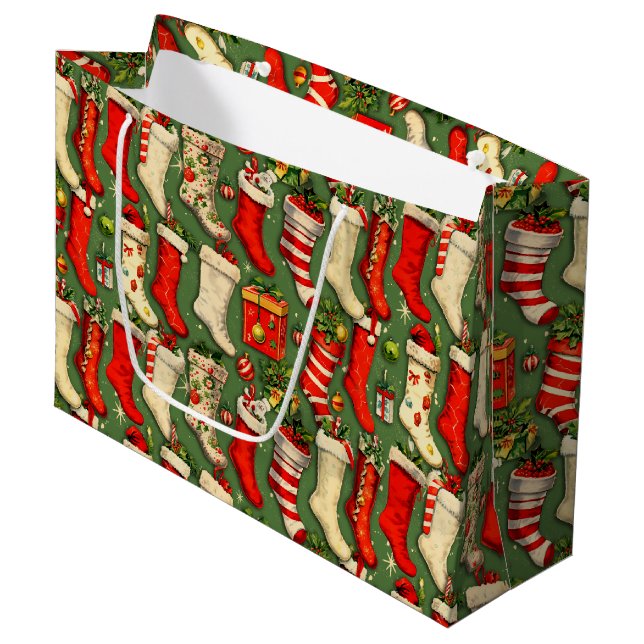 Retro Vintage Christmas Stockings Green Große Geschenktüte (Vorderseite Schrägansicht)