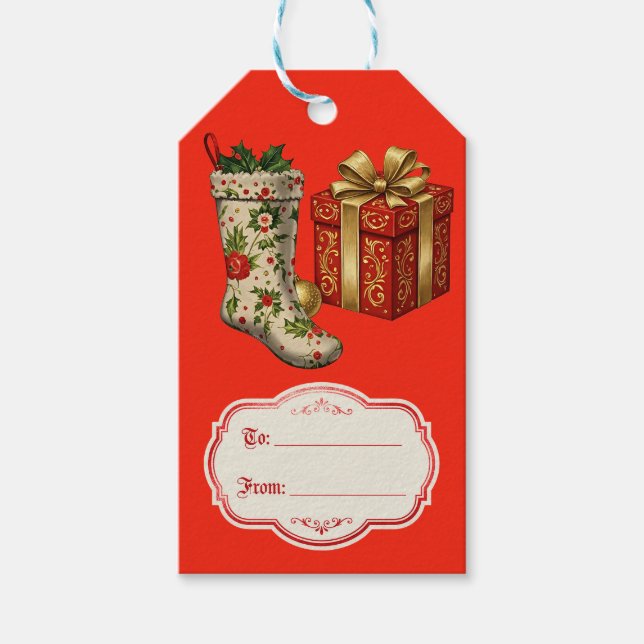Retro Vintage Christmas Stockings Red Geschenkanhänger (Vorderseite)