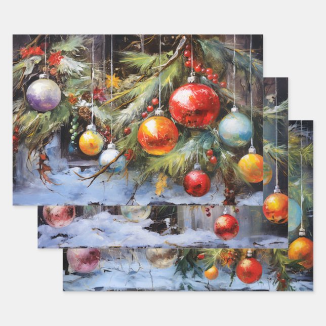 Retro Vintage Christmas Trio Style P Geschenkpapier Set (Set)