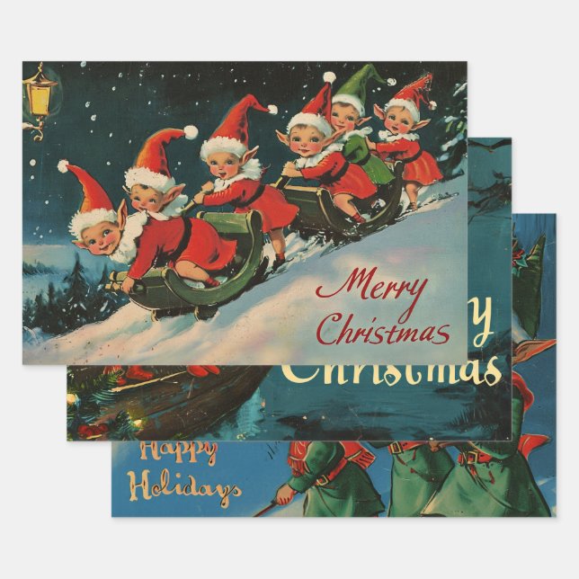 Retro Vintage Christmas Trio Style T Geschenkpapier Set (Set)