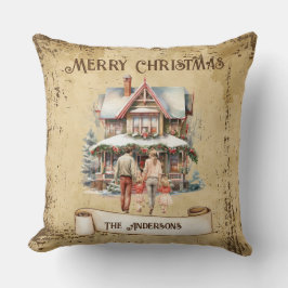 Retro Vintage Familie Neues Haus Frohe Weihnachten Kissen
