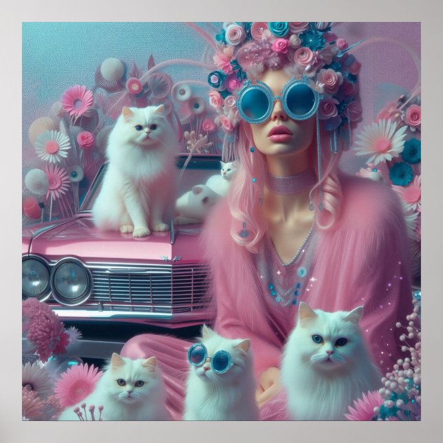 Retro Vintage Frau mit weißen Katzen Poster (Vorne)