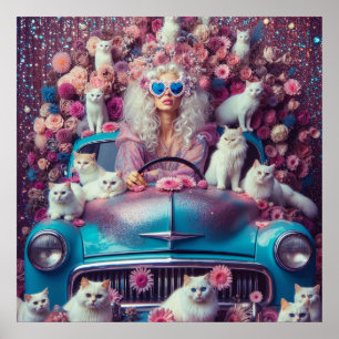 Retro Vintage Frau mit weißen Katzen Poster