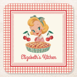 Retro Vintage Gingham Red Cherry  Rechteckiger Pappuntersetzer