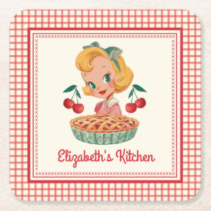 Retro Vintage Gingham Rot Kirsche  Rechteckiger Pappuntersetzer