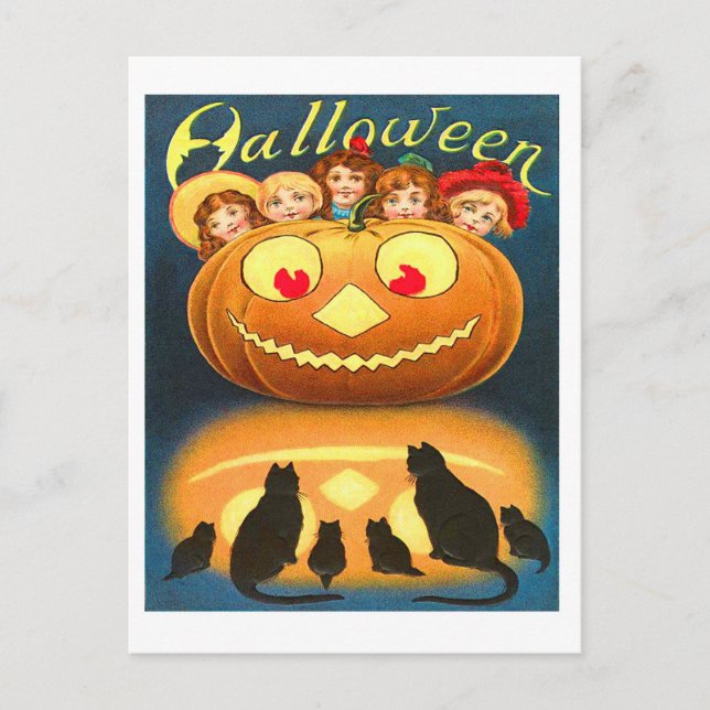 Retro Vintage Halloween-Kinder und -Katzen Postkarte (Vorderseite)