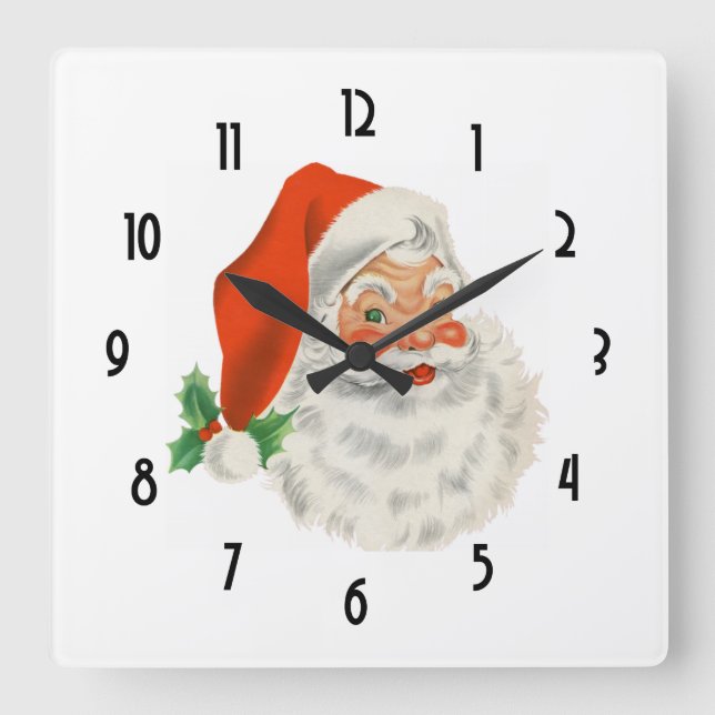 Retro Vintage Jolly Santa Claus Christmas Quadratische Wanduhr (Vorderseite)