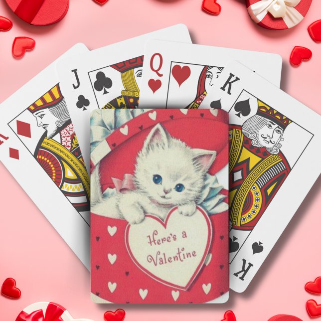 Retro Vintage Kitten in Hutbox Valentinstag Spielkarten (Retro Vintage Kitten In Hat Box Valentine's Day Playing Cards)