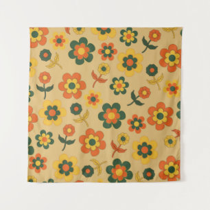 Retro Vintage Orange 70er Blumenmuster Wandteppich