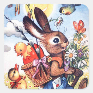 Retro-Vintage-Osterhase-Feiertags-Aufkleber Quadratischer Aufkleber