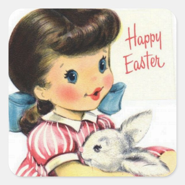 Retro vintage Pâques fille lapin autocollant (Devant)