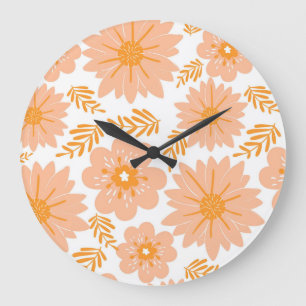 Retro Vintage Pfirsich Flaum Orange Blumenmuster Große Wanduhr