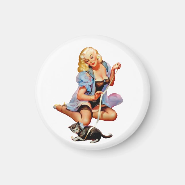 Retro Vintage Pinup Girl mit Kätzchen Magnet (Vorne)