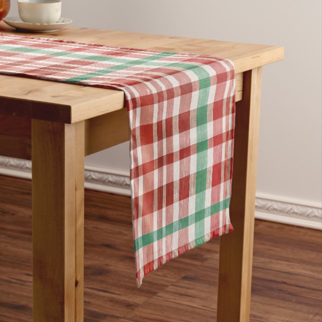 Retro Vintage Red Green Textured Plaid  Kurzer Tischläufer (Beispiel)