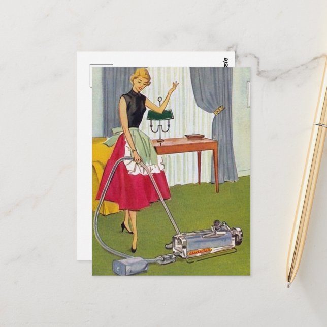 Retro-Vintage Reinigungsfrau Postkarte (Vorderseite/Rückseite Beispiel)