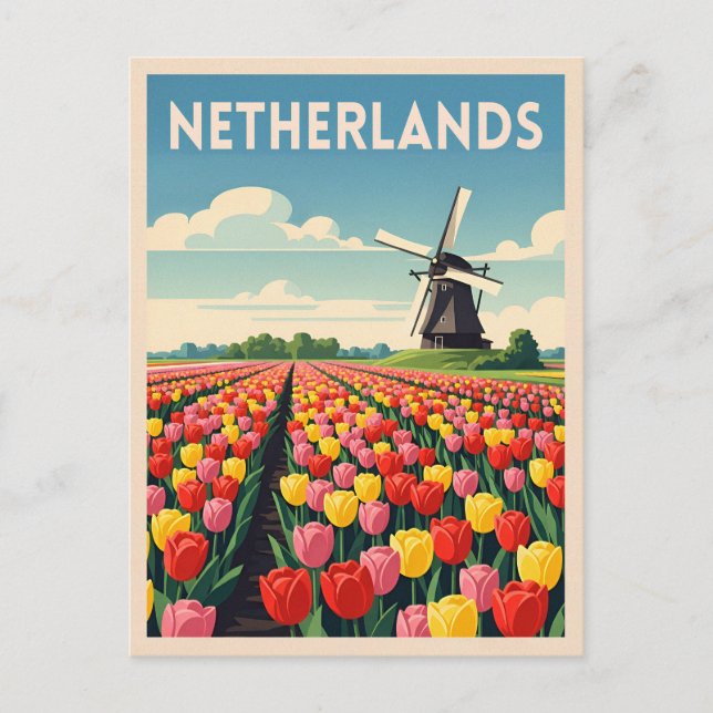 Retro Vintage Reise Niederlande Tulip Landschaft Postkarte (Vorderseite)
