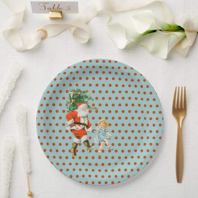 Retro Vintage Santa & Girl Christmas  Pappteller (Hochzeit)