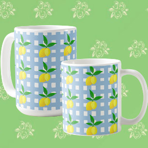 Retro-Vintage-Stil gelbe Zitronen blau-weiß karier Kaffeetasse