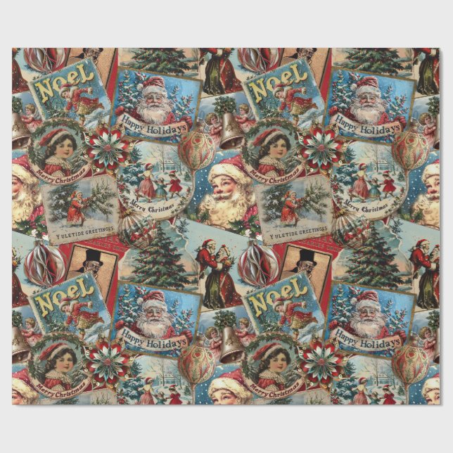 Retro Vintage Weihnachten: Feiertag Cheer Collage Geschenkpapier (Flach)